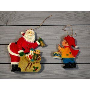 Vintage Santa & Drummer Boy Christmas Ornaments Hand-Painted Flat Plastic